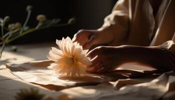 One woman holding yellow flower, touching petal, enjoying nature generated by AI photo