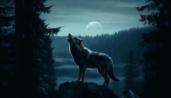 Majestic gray wolf standing in the wilderness, howling at moonlight generated by AI photo