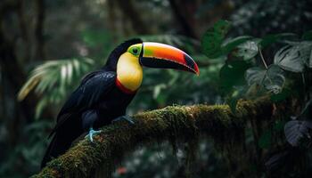 Vibrant macaw perching on branch in Amazon rainforest beauty generated by AI photo