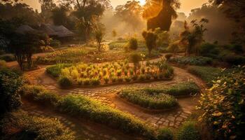 Tranquil sunrise over meadow, farm blossoms, nature beauty in agriculture generated by AI photo