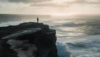 Standing at the edge of majestic mountain peak, one person looks out at tranquil seascape generated by AI photo