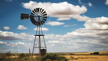Spinning windmill generates electricity for rustic Alberta farm equipment generated by AI photo