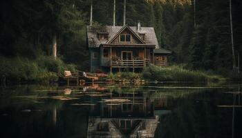 Adventure in non urban scene rustic boathouse on tranquil pond generated by AI photo
