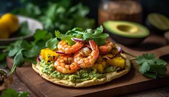 Fresco guacamole con palta, tomate, y cilantro en de madera plato generado por ai foto