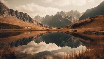 tranquilo escena de majestuoso montaña rango a amanecer reflexión generado por ai foto