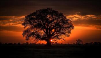 soledad en naturaleza un tranquilo, retroiluminado puesta de sol terminado el sabana generado por ai foto