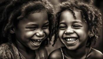 sonriente muchachas y Niños disfrutar juguetón al aire libre infancia divertido juntos generado por ai foto