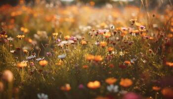 vibrante flores silvestres floración en idílico prado, rodeado por lozano bosque generado por ai foto