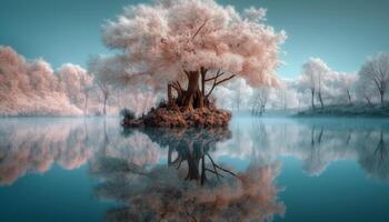 Solitude in surreal landscape tranquil pond, old tree, sunset generated by AI photo