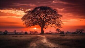 Golden acacia tree stands alone in tranquil African savannah generated by AI photo