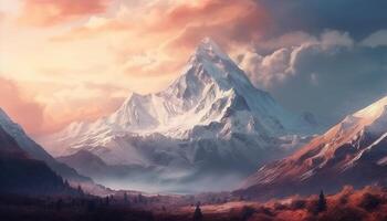 Majestic mountain range, high up, with dramatic sky and sunlight generated by AI photo