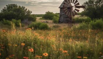 Rustic windmill generates power, amidst tranquil wildflowers and meadows generated by AI photo