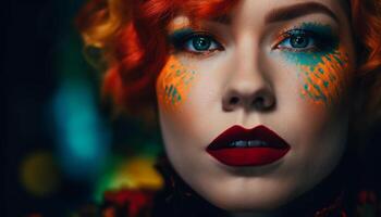 One beautiful redhead fashion model with vibrant blue lipstick generated by AI photo