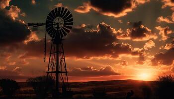 Silhouette turning windmill generates alternative energy in tranquil rural scene generated by AI photo