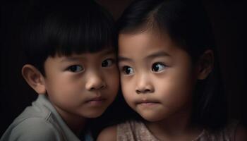 Smiling siblings of different ethnicities in a joyful studio portrait generated by AI photo