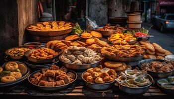 Large table with abundance of fresh seafood, fish, and beef generated by AI photo