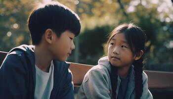 Two cheerful siblings sitting on bench, enjoying nature and togetherness generated by AI photo