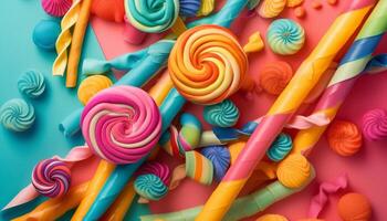 Colorful candy collection, perfect for a fun birthday party backdrop generated by AI photo