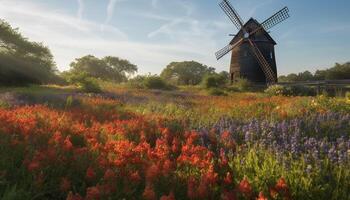 Idyllic windmill farm showcases nature beauty in historic travel destination generated by AI photo