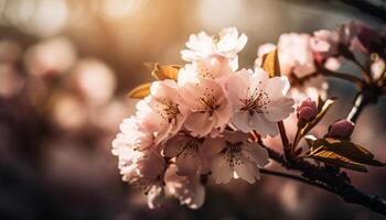 Cereza florecer rama en suave luz de sol, vibrante rosado y amarillo generado por ai foto