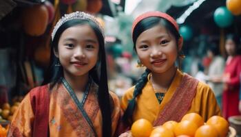 Smiling young women in traditional clothing at street market vendor generated by AI photo