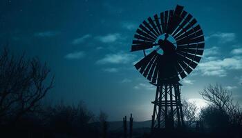 Silhouette of wind turbine turning against blue twilight sky outdoors generated by AI photo