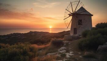 Idyllic Greek coastline famous architecture, wind turbines, and tranquil seascape generated by AI photo