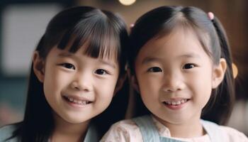 Cute Chinese and Japanese siblings smiling, bonding in domestic life generated by AI photo