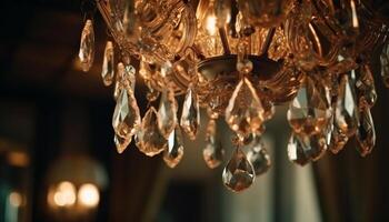 Shiny glass chandelier illuminates ornate old fashioned domestic room glamourously generated by AI photo