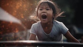 uno pequeño niña jugando en naturaleza, disfrutando el verano luz de sol generado por ai foto