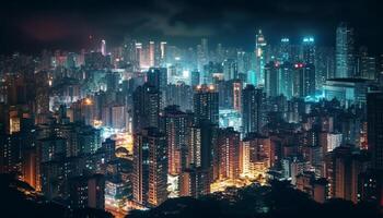 Twilight lighting equipment illuminates futuristic city skyline at night generated by AI photo