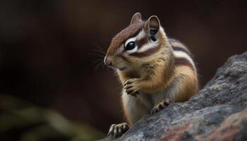 Fluffy chipmunk eating grass, looking at camera, striped fur generated by AI photo