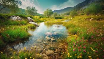 Tranquil scene of nature beauty meadow, tree, and reflection generated by AI photo