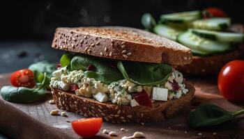 Grilled beef burger on whole wheat ciabatta with avocado slice generated by AI photo