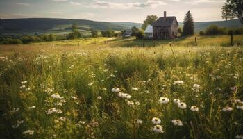 Rural scene with idyllic sunset, green meadow, and mountain range generated by AI photo