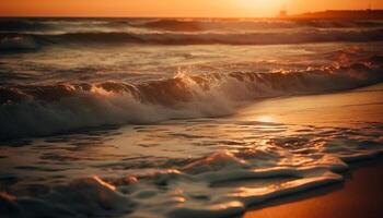 Tranquil scene, horizon over water, splashing waves, nature beauty generated by AI photo