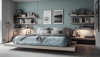 Modern apartment design with cozy, elegant and comfortable bedroom interior generated by AI photo