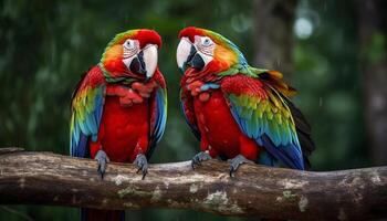 Vibrant macaw perching on green branch in tropical rainforest generated by AI photo