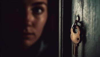 joven adulto mujer participación llave, cierre metal candado en puerta generado por ai foto