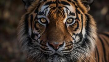 Bengal tiger staring, close up of majestic striped animal head generated by AI photo