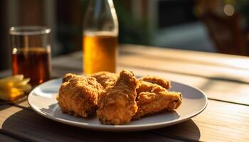 Fried chicken meal on plate with refreshing drink at pub generated by AI photo