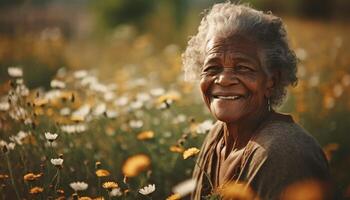 uno mayor mujer sonriente al aire libre, disfrutando Jubilación en naturaleza generado por ai foto