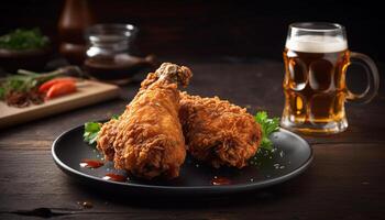 Grilled chicken wings on wooden plate, perfect pub appetizer generated by AI photo