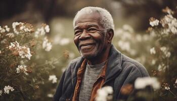 Active seniors enjoying nature, smiling with carefree confidence outdoors generated by AI photo