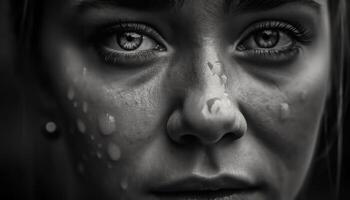 uno mujer sonriente, reflejando en dolor, gota de agua en humano cara generado por ai foto