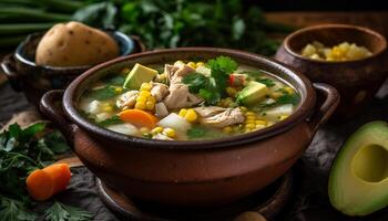 Healthy vegetable soup with fresh carrots and parsley garnish generated by AI photo