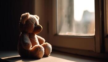 suave osito de peluche oso sentado en ventana umbral, infancia recuerdos querido generado por ai foto