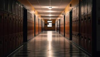 Diminishing perspective of lockers in modern high school corridor generated by AI photo