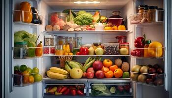 Fresh healthy groceries on shelf, a colorful vegetarian collection generated by AI photo