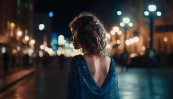 uno joven mujer caminando en el ciudad, iluminado por luces de la calle generado por ai foto